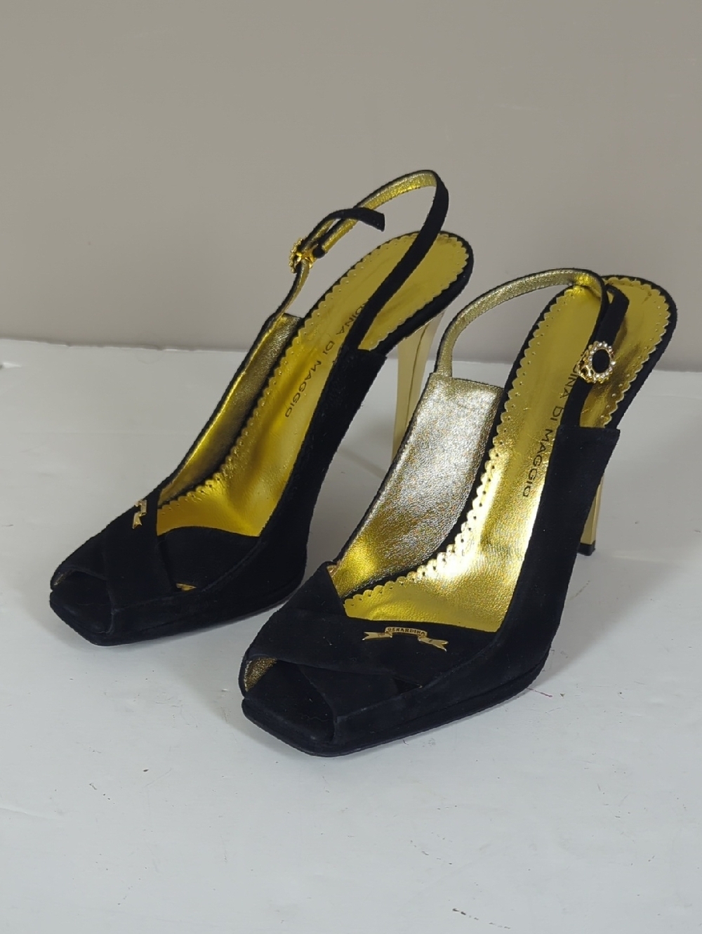 Geradina Di Maggio Black Suede Peep-Toe Slingback Heels with Gold Interior